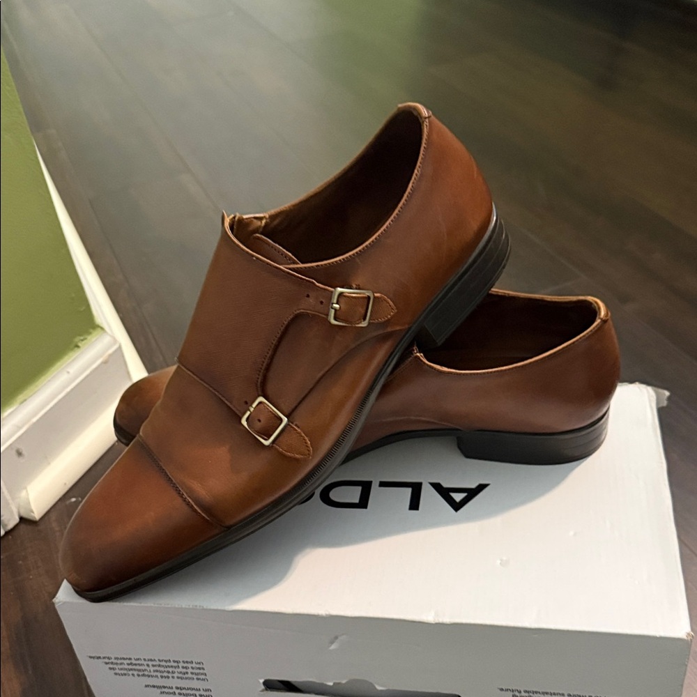 Aldo Cognac Brown Double Monk Strap Leather Dress Shoes - Picture 2 of 5